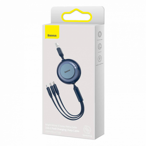 Cablu de date Baseus Bright Mirror 2 One-for-three, USB - Lightning/USB-C/micro USB, 1.1m, Blue