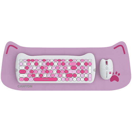 Kit Wireless Canyon HSET-W6 Kitty Edition - Tastatura, USB Wireless, Pink + Mouse Optic, USB Wireless, Pink + Mouse Pad, Pink