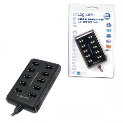 Hub USB Logilink UA0125, 10x USB 2.0, Black