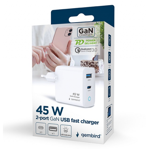 Incarcator retea Gembird TA-UC-PDQC45L-W-01, 1x USB-A, 1x USB-C, 45W, White