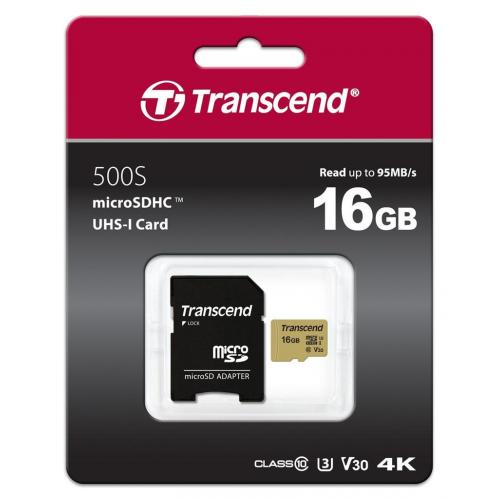 Memory Card microSDHC Transcend 500S 16GB, Class 10, UHS-I U3, V30 + Adaptor SD